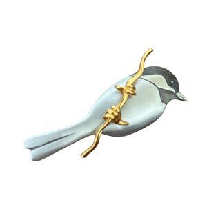 Vtg M. Shields Pewter Bird Brooch On Delicate Gold Branch Signed Collectible